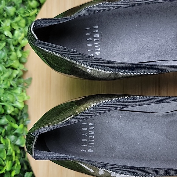 Stuart Weitzman Bowends Patent Leather RoundToe Wedge Heel Shoe Olive Green 8SS - Picture 11 of 14